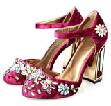Rhinestone-Embellished Caged-Hell Velvet Pumps, Wine Red