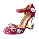 Rhinestone-Embellished Caged-Hell Velvet Pumps, Wine Red