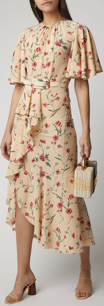 Ruffle Floral Print Crepe Midi Dress | DESIGNER INSPIRED FASHIONS