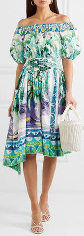 Off-the-Shoulder Shirred Printed Cotton-Poplin Dress
