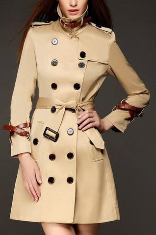 Double Wrap Strap Buckle Trench Coat in Khaki - DESIGNER INSPIRED FASHIONS