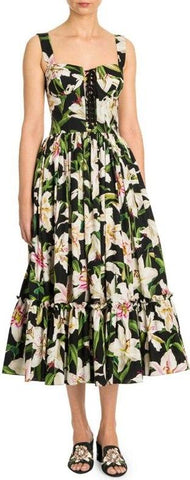 Lace-Up Floral-Print Cotton-Poplin Midi Dress