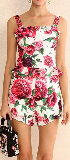 Peony Print Ruffled Corset Top and Short Set