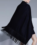 Black Fringed Double-Breasted Cape - DESIGNER INSPIRED FASHIONS