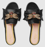 Leather Slide with Bow-Black
