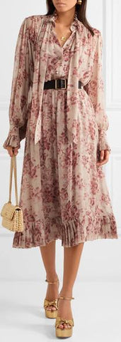 Unbridled Pussy-Bow Floral-Print Georgette Midi Dress