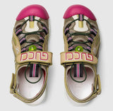 Leather and Mesh Sandals, Green and Pink