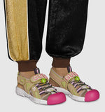 Leather and Mesh Sandals, Green and Pink
