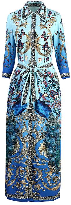 Peacock Print Maxi Shirt-Dress