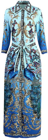 Peacock Print Maxi Shirt-Dress