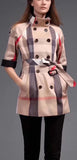 Double-Breasted Short-Sleeve Check Print Jacket, Light Beige
