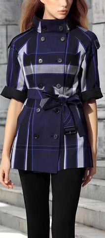 Double-Breasted Short-Sleeve Check Print Jacket, Blue | DESIGNER INSPIRED FASHIONS