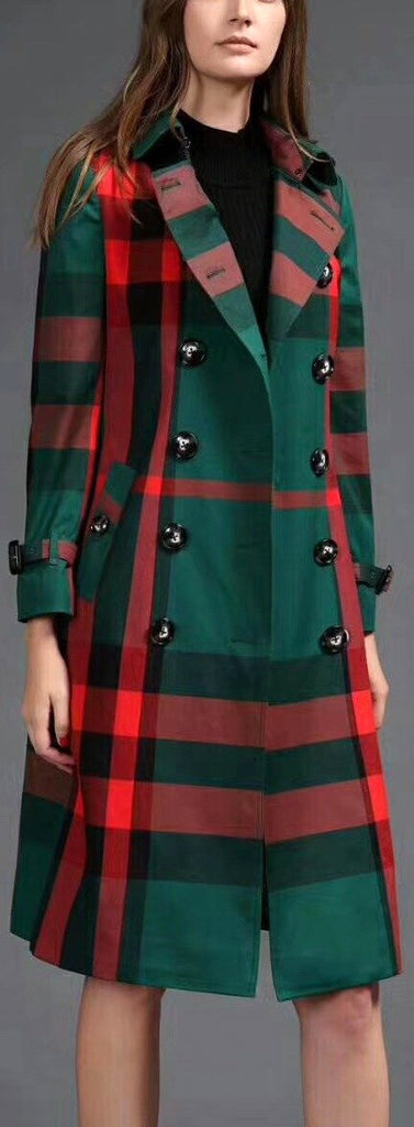Check-Print Double-Breasted Trench Coat, Green