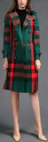 Check-Print Double-Breasted Trench Coat, Green