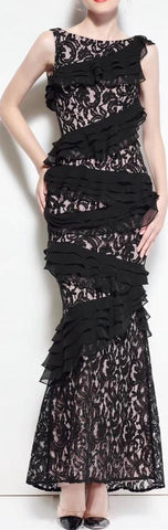 Black Sleeveless Ruffle Lace Gown