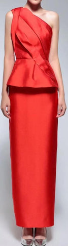 Red One-Shoulder Satin Peplum Gown