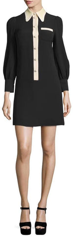 Black and White Long-Sleeve Silk Mini Shirt-Dress
