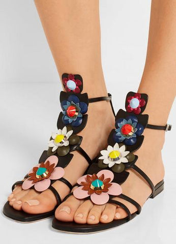 Floral Embellished Sandals-Black or White - DESIGNER INSPIRED FASHIONS