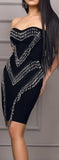 Black Strapless Bead-Fringed Bandage Dress