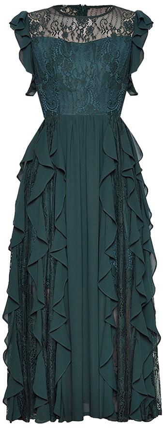 Ruffled Lace-Paneled Midi Dress