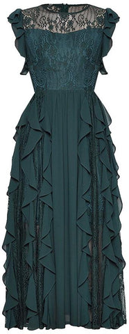Ruffled Lace-Paneled Midi Dress
