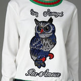 'L'aveugle Par Amour' Embroidered Owl Sweatshirt in White - DESIGNER INSPIRED FASHIONS