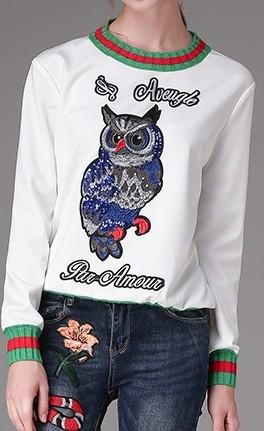 'L'aveugle Par Amour' Embroidered Owl Sweatshirt in White - DESIGNER INSPIRED FASHIONS