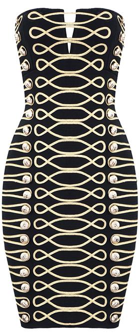 Button-Embellished Embroidered Strapless Mini Dress