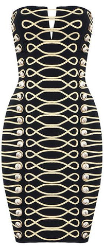 Button-Embellished Embroidered Strapless Mini Dress