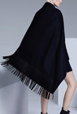 Black Fringed Double-Breasted Cape - DESIGNER INSPIRED FASHIONS