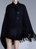 Black Fringed Double-Breasted Cape - DESIGNER INSPIRED FASHIONS