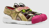 Leather and Mesh Sandals, Green and Pink