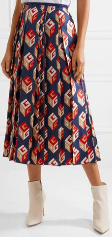 Pleated Printed Midi Skirt
