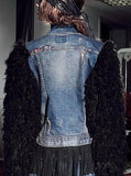 Appliques Embellished Denim Wool-Sleeved Fringe Jacket - DESIGNER INSPIRED FASHIONS