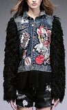 Appliques Embellished Denim Wool-Sleeved Fringe Jacket - DESIGNER INSPIRED FASHIONS
