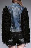 Appliques Embellished Denim Wool-Sleeved Fringe Jacket - DESIGNER INSPIRED FASHIONS