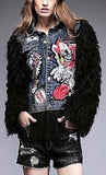 Appliques Embellished Denim Wool-Sleeved Fringe Jacket - DESIGNER INSPIRED FASHIONS