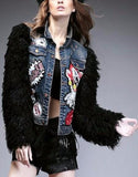 Appliques Embellished Denim Wool-Sleeved Fringe Jacket - DESIGNER INSPIRED FASHIONS
