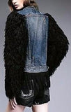 Appliques Embellished Denim Wool-Sleeved Fringe Jacket - DESIGNER INSPIRED FASHIONS