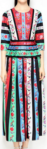 Paneled Print Peplum Midi Dress