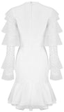 Ruffled Mesh-Paneled Bandage Dress, White