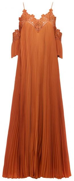 Burnt Orange Pleated Dress with Off-Shoulder Detail - DESIGNER INSPIRED FASHIONS
