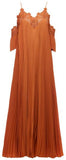 Burnt Orange Pleated Dress with Off-Shoulder Detail - DESIGNER INSPIRED FASHIONS