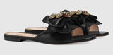 Leather Slide with Bow-Black