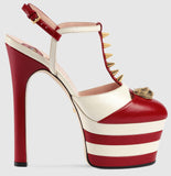 Studded Striped-Leather Platform Pump-Red - DESIGNER INSPIRED FASHIONS