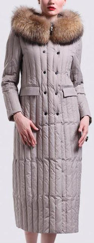 Fur-Hooded Long Paneled Down Coat in Grey - DESIGNER INSPIRED FASHIONS