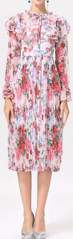 Floral-Print Ruffled Pleated Midi Dress