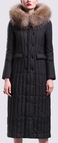 Fur-Hooded Long Paneled Down Coat in Black - DESIGNER INSPIRED FASHIONS
