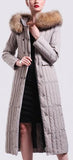 Fur-Hooded Long Paneled Down Coat in Grey - DESIGNER INSPIRED FASHIONS