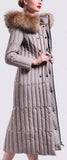 Fur-Hooded Long Paneled Down Coat in Grey - DESIGNER INSPIRED FASHIONS